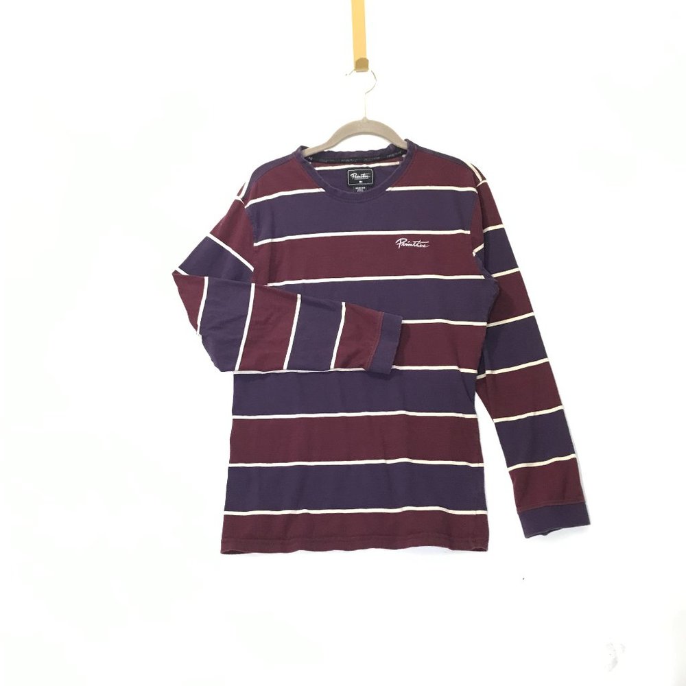 Primitive Skateboarding Mens Medium Purple and Blue Striped Long Sleeve Shirt
